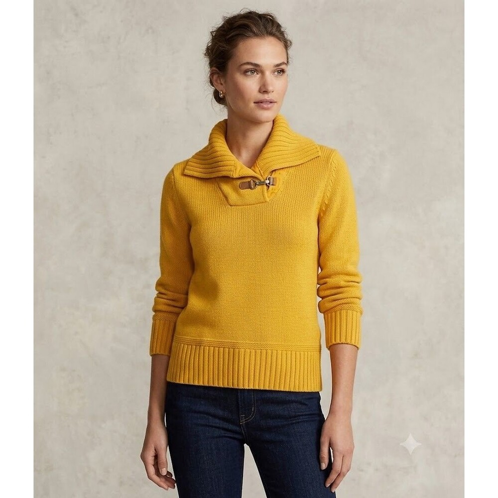 LRL Lauren Ralph Lauren Womens Yellow Shawl Collar Knit Sweater XS